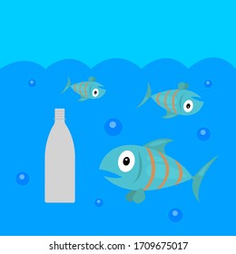 scared and dead fish underwater where a plastic bottle floats concept of pollution of the environment and the ocean