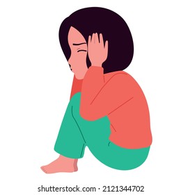 Scared, depressed, sad girl looks lonely.Vector illustration of helpless, frightened child.Worry and fear.	