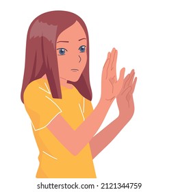 Scared, depressed, sad girl looks lonely.Vector illustration of helpless, frightened child.Worry and fear.	