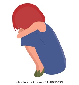 Scared, depressed, sad girl looks lonely.Vector illustration of helpless, frightened child.Worry and fear.	