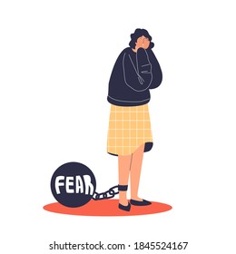 Scared depressed woman with fear weight on chain. Frightened cartoon female with panic mental disorder. Fear burden concept. Flat vector illustration