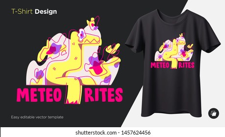 Scared dinosaur under a meteor shower. Prints on T-shirts, sweatshirts, cases for mobile phones, souvenirs. Isolated vector illustration on black background.