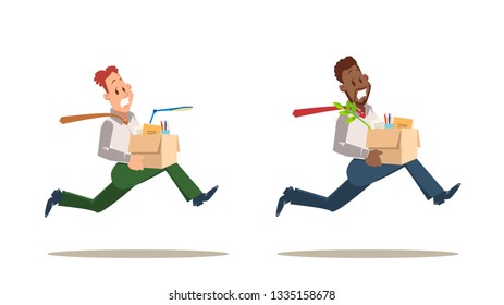 Scared Dismissed Worker Man Run from Office Set. Get Fired. Unhappy Employee Jobless for Bad Work. Stressed Character in Formal Suit Hold Carton Box with Stuff. Flat Vector Cartoon Illustration