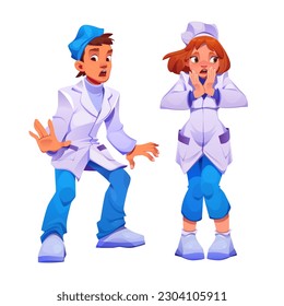 Scared doctor vector set. Medic man worker fear at work. Cartoon physician character clipart illustration. Medical staff male and female in uniform. Isolated healthcare profession therapist in cap