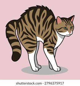 Scared domestic cat displaying defensive body language and fear response. Cartoon illustration showing feline behavior and emotion.