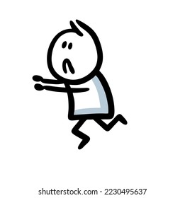 Scared doodle character running fast from the  danger with unhappy grin on the face. Vector illustration of funny child in trouble.