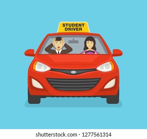 Scared driving school instructor sitting in car next to a female student driver. Woman driving a red car. Flat vector illustration.