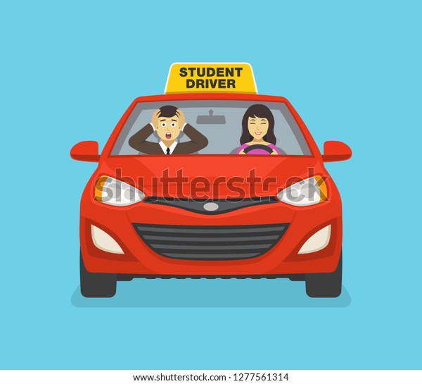 Scared driving school instructor sitting in\
car next to a female student driver. Woman driving a red car. Flat\
vector illustration.