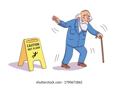 Scared elderly man falling near Caution wet floor yellow sign. Grandfather in suit with stick slipped. Vector character illustration of traumatic situation, damage from carelessness, health risk