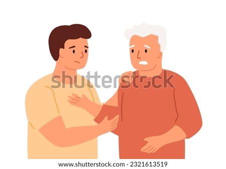 Scared elderly man with young guy who provides support. Dementia, depression, cognitive disorder concept. Worry old male, memory loss. Social worker, grandson help senior person. Vector illustration.