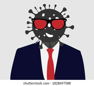 Scared emoticon with Covid-19, on a white background, in a classic outfit. Isolated vector illustration