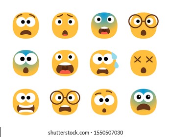 Scared emoticon faces. Vector fearing emoji set, fear screaming face, nervous and stress cartoon characters