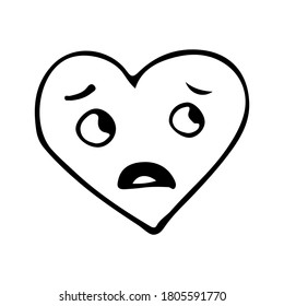Scared emoticon heart shape doodle illustration. Hand drawn heart shape scared emoticon