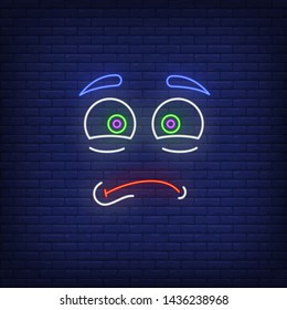 Scared emoticon neon sign. Face expression, fear, emotion design. Night bright neon sign, colorful billboard, light banner. Vector illustration in neon style.