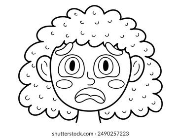 Scared emotion face in black and white. Little girl clipart with emotional expression in outline. Feeling concept vector illustration