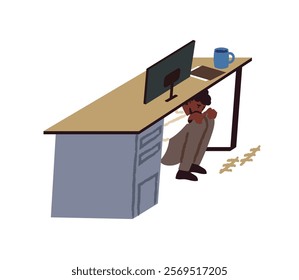 Scared employee with burnout hiding under desk, avoids work, business tasks. Depressed office worker sits under table, feels stress, fatigue. Flat isolated vector illustration on white background