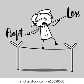 Scared Employee Walking on Rope - Risk in Business Concept