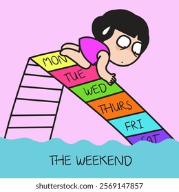 Scared And Exhausted Young Woman Climbing Bridge To Weekend Concept Cartoon Character illustration