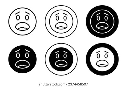 Scared expression face icon. Stresses facial emotion emoji symbol set. scare in fear face expression emoticon of social media vector sign. Open mouth shows panic or sad line logo.