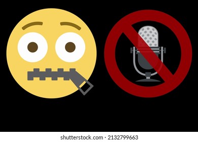 Scared Face Emoji With Zipper-mouth And Prohibition Sign Against Studio Microphone,radio Broadcasts Censorship Concept,vector Illustration