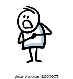 Scared face man presses his hands to his chest with unhappy grin. Vector illustration of upset stickman character.