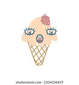 Scared face strawberry ice cream cone character with doodle eyes. Perfect print for tee, sticker, poster. Retro style vector illustration for decor and design.
