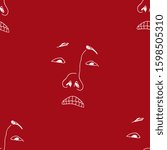 Scared face vector seamless pattern. Line art. Red background.