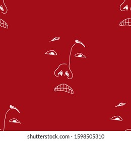 Scared face vector seamless pattern. Line art. Red background.