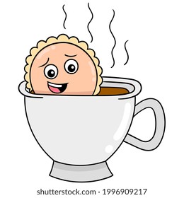 pastel de cara asustada en una taza caliente de café, ilustración vectorial art. doodle imagen kawaii.