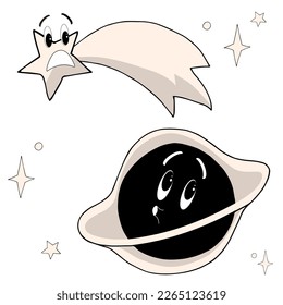 A scared fallen star runs away from a sly black hole. Cartoon vector illustration isolated on white background.