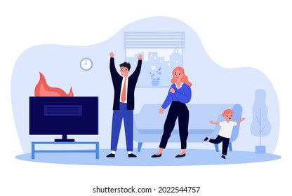 Scared family looking at burning television. TV on fire, shocked husband and wife, child running away flat vector illustration. Technology, emergency concept for banner, website design or landing page