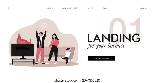 Scared Family Looking At Burning Television. TV On Fire, Shocked Husband And Wife, Child Running Away Flat Vector Illustration. Technology, Emergency Concept For Banner, Website Design Or Landing Page