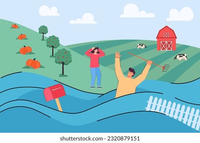 Scared farmer during flood in fields vector illustration. Cartoon drawing of man in water asking for help, farm with livestock and crops. Environment, ecology, natural disasters, agriculture concept