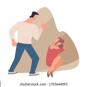 Scared female character afraid of husband, domestic violence. Man beating wife, quarreling couple, aggressive boyfriend and girlfriend having fight. Emotional personages arguing, vector in flat style