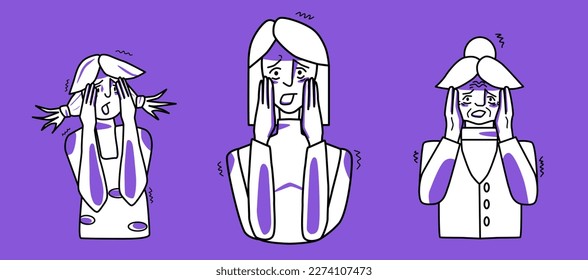 Scared female set. Young, adult and old women are afraid, emotion of fear, cover head with hands. Purple and white, line art drawing human characters.