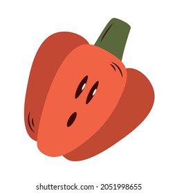 Scared flat red pepper. Anthropomorphic fruit with vivid emotions. Isolated vector close-up. Healthy vegan food. Design for print, web, books, games.