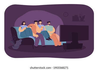 Asustado amigo viendo la película de terror juntos aislada ilustración vectorial plana. Grupo de dibujos animados de adolescentes sentados en un sofá en una sala oscura y viendo la TV. concepto de entretenimiento y fin de semana