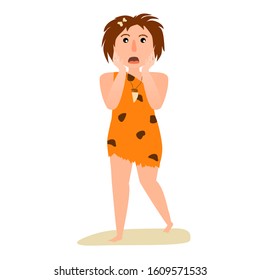 Scared frighten prehistoric women running.  Primitive Early Man in animal fur. Cartoon vector illustration.
