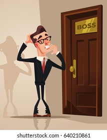 Scared frightened office worker man afraid enter boss office. Vector flat cartoon illustration