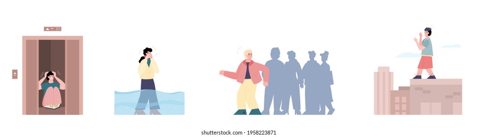 Scared frightened people set with various phobia disorders and panic fear. Terrified people cartoon flat vector illustration isolated on white background.