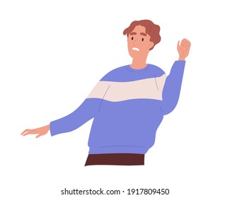 Scared and frightened person with expression of shock and fear on his face. Afraid and horrified man moving backward in panic. Colored flat cartoon vector illustration isolated on white background. 