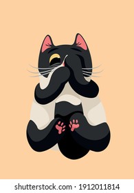 Scared funny cartoon black and white cat isolated vector illustration