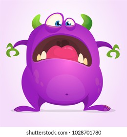 Scared funny cartoon monster. Halloween vector illustration of purple monster character. Design for print, sticker or party decoration