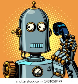 scared funny robot talking on a retro phone. Pop art retro vector illustration drawing