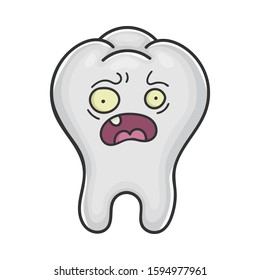 Scared funny tooth cartoon isolated on white