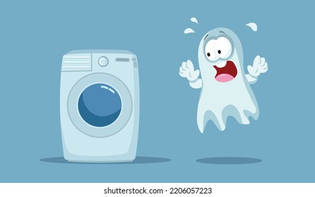 
Scared Ghost Running Away from a Washing Machine on Halloween. Stressed phantom afraid of a household appliance that could destroy it
