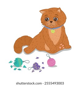 A scared ginger cat. A fluffy pet has smashed Christmas toys. Broken Christmas toys. Graphic elements for a website. Christmas, Christmas tree, naughty character. Cartoon flat vector illustration