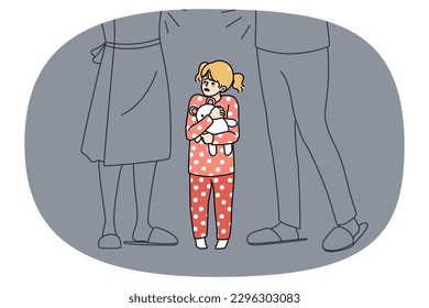 Scared girl child feel stressed with parents argue and fight at home. Unhappy distressed little kid afraid of mom and dad quarrel. Childcare stress, domestic violence effect on children. Vector.