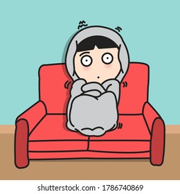 Scared Girl Covering Her Head And Body With Blanket While Sitting Alone On Sofa At Home Concept Card Character illustra