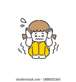 A scared girl with her ears covered and eyes closed.